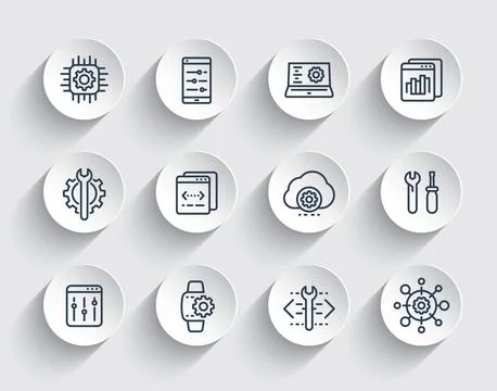 Development, configuration, engineering, settings, repair service line icons  스톡 일러스트