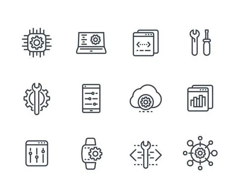 Development, configuration service, engineering, settings line icons set on w 스톡 일러스트