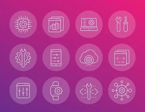 Development, configuration service, engineering, settings icons set, linear Stock Illustration