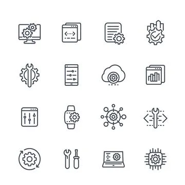 Development, configuration service, hardware, settings line icons set on whit Stock Illustration