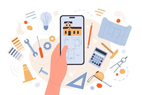 Development of construction project, architects hand holding phone with Stock Illustration