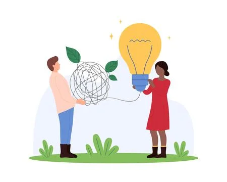 Development of creative idea, brainstorming on organization challenge of tiny Stock Illustration