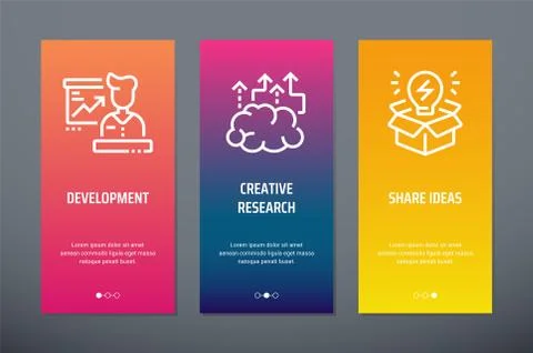 Development, Creative research, Share ideas Vertical Cards with strong metaphors Stock Illustration