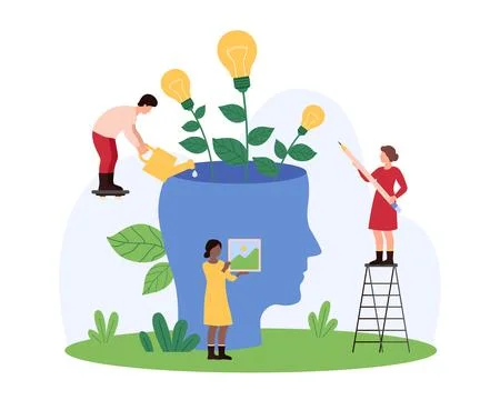 Development of creative thinking of tiny people, efficiency of business solution Illustration