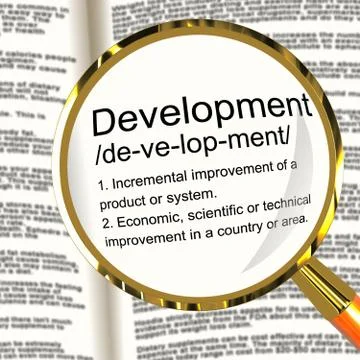 Development definition magnifier showing improvement growth or advancement Illustrazione stock