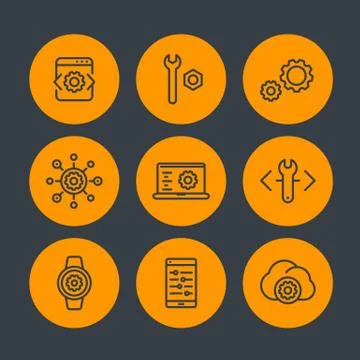 Development, engineering, configuration line icons set, settings, installatio Stock Illustration