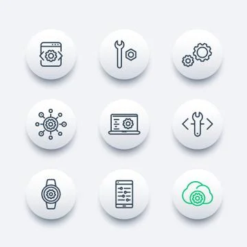 Development, engineering, configuration line icons set for apps and web Stock Illustration