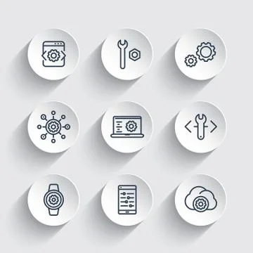 Development, engineering, configuration, setting line icons set 스톡 일러스트