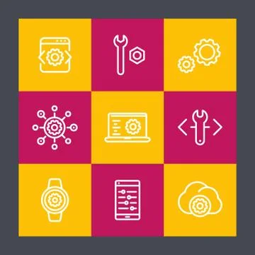 Development, engineering line icons set, settings, configuration, installatio Stock Illustration