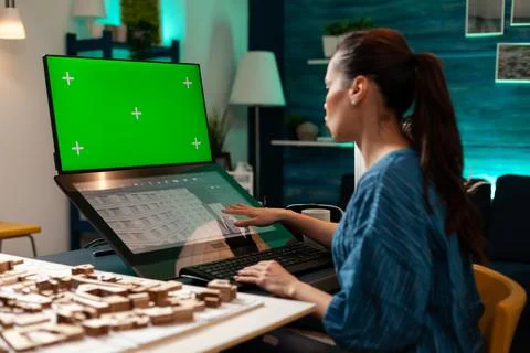 Development entrepreneur doing digital blueprint work 스톡 사진