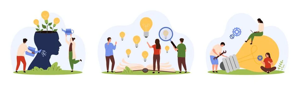 Development, export and creation of ideas, tiny people grow light bulbs inside Stock Illustration