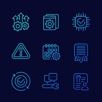 Development, hardware and protocols line icons set 스톡 일러스트