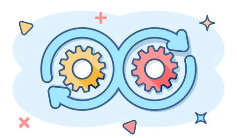 Development icon in comic style. Devops vector cartoon illustration on white  Stock Illustration