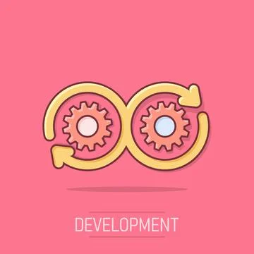 Development icon in comic style. Devops vector cartoon illustration on whit.. Illustrazione stock