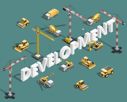 Development isometric concept with construction machinery, cranes and heavy.. Stock Illustration