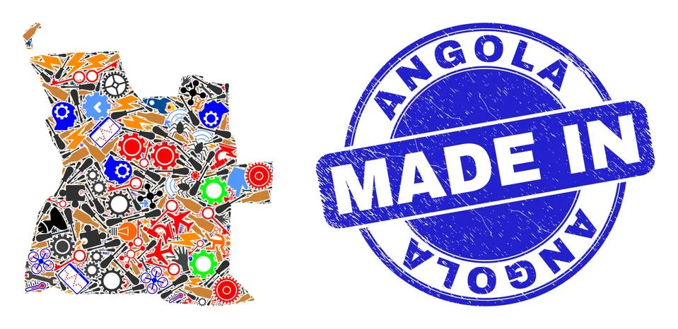 Development Mosaic Angola Map and Made in Grunge Stamp Illustrazione stock