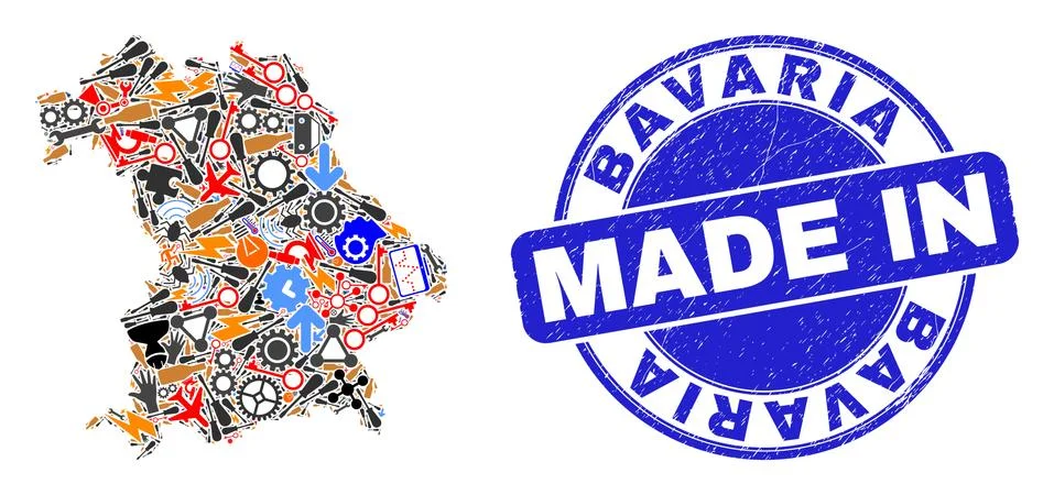 Development Mosaic Bavaria Land Map and Made in Scratched Seal 스톡 일러스트