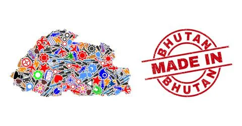 Development Mosaic Bhutan Map and Made in Scratched Seal Stock Illustration