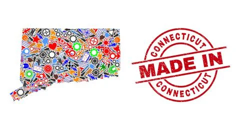 Development Mosaic Connecticut State Map and Made in Distress Rubber Stamp Ilustración de archivo