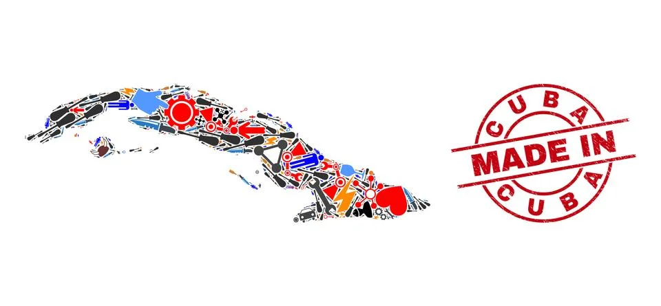 Development Mosaic Cuba Map and Made in Scratched Watermark Stock Illustration