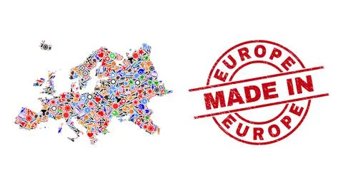 Development Mosaic Europe Map and Made in Distress Stamp Illustrazione stock