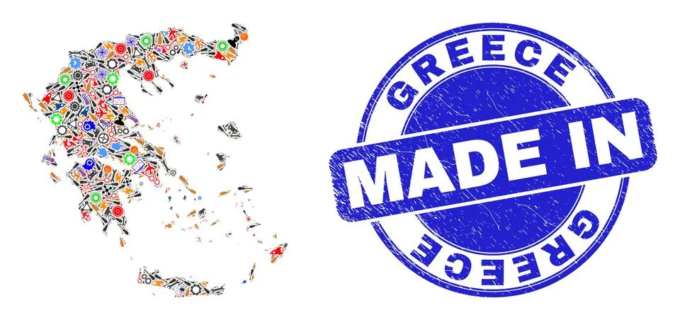 Development Mosaic Greece Map and Made in Scratched Stamp 스톡 일러스트