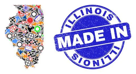 Development Mosaic Illinois State Map and Made in Textured Seal Ilustración de archivo