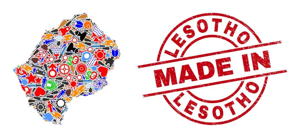 Development Mosaic Lesotho Map and Made in Scratched Rubber Stamp Stock Illustration