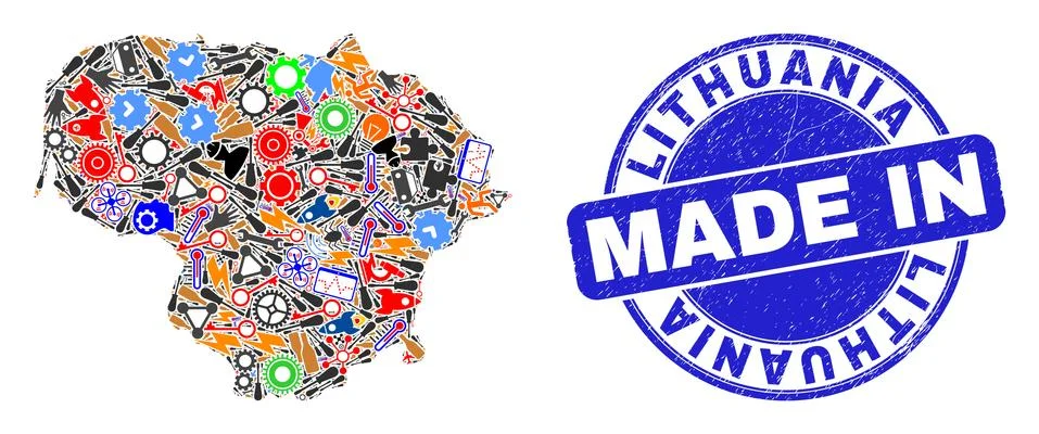 Development Mosaic Lithuania Map and Made in Distress Stamp Stock Illustration