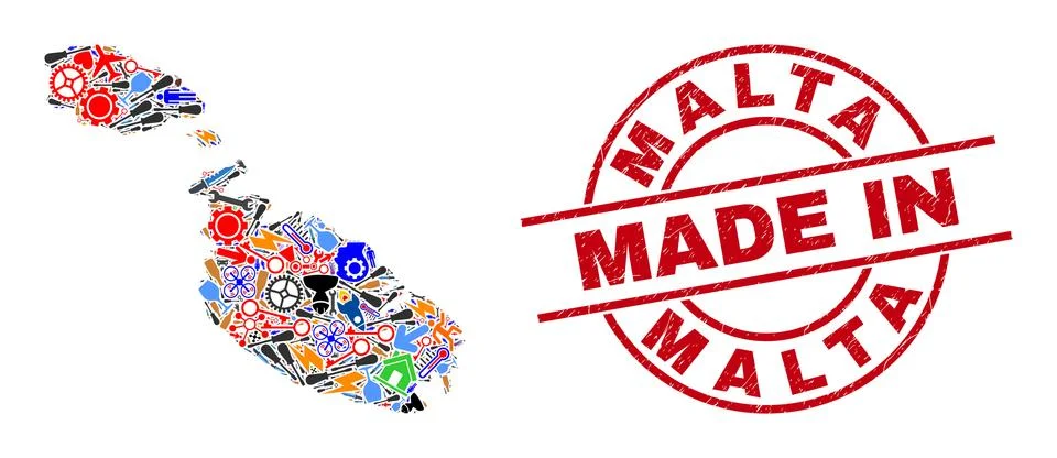 Development Mosaic Malta Map and Made in Scratched Stamp Ilustración de archivo