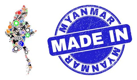 Development Mosaic Myanmar Map and Made in Grunge Rubber Stamp Stock Illustration
