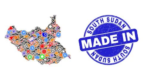 Development Mosaic South Sudan Map and Made in Textured Seal 스톡 일러스트