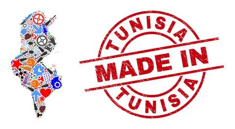 Development Mosaic Tunisia Map and Made in Distress Stamp Illustrazione stock