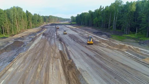 Development new road transport Highway. Aerial View of construction equipment. Stock-Footage 129101923