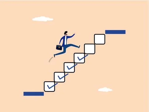 Development or challenge, businessman runs on a checklist ladder to reach t.. Stock Illustration