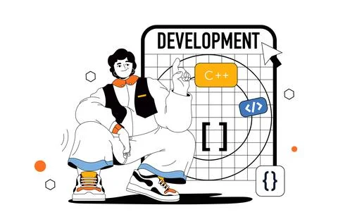 Development outline web modern concept in flat line design. Man creating ap.. Stock Illustration