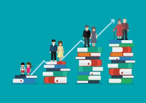 Development of people standing on a lot of books Stock Illustration