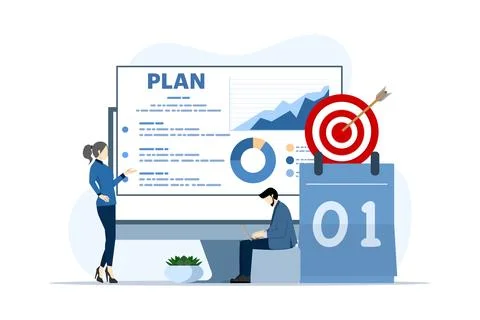 Development plan concept. Teams navigate digital planning, allocate resources. Illustrazione stock