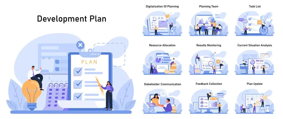 Development Plan set. Professionals navigate project phases. Stock Illustration
