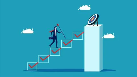 The development process. a businessman walking up the stairs towards a goal イラスト素材