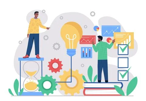 Development process concept. Men near light bulb and checklist. Organizing Stock Illustration