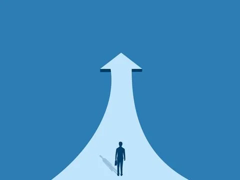 Development, Progress, Businessman Standing on Career Growth Arrow Illustrazione stock