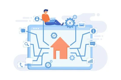 Development service, smart house, IOT technology, network programming. Site.. Illustrazione stock