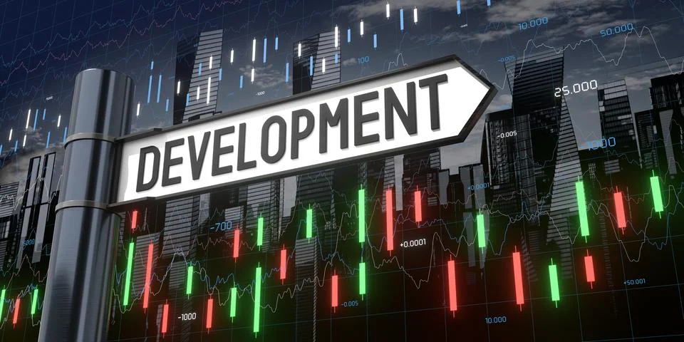 Development - signpost and financial data - 3D illustration Stock Illustration