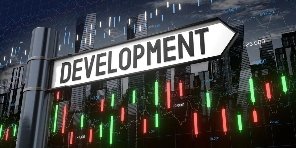 Development - signpost and financial data - 3D illustration Stock Illustration