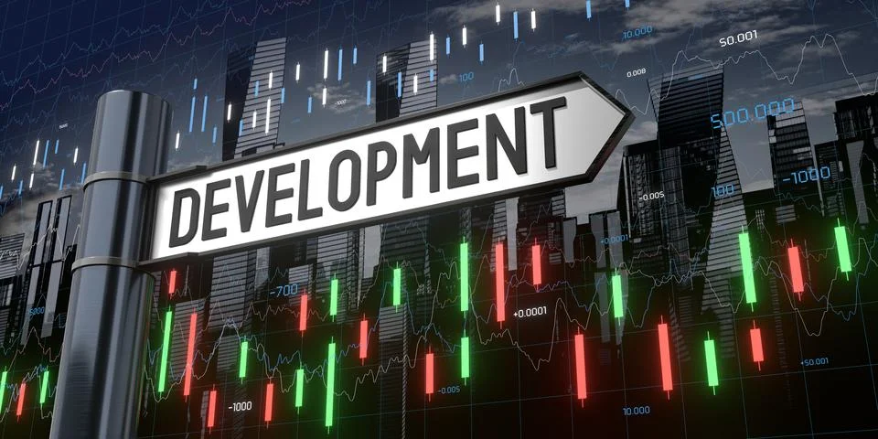Development - signpost and financial data - 3D illustration Stock Illustration