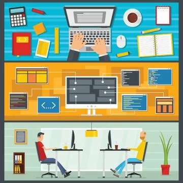 Development site banner horizontal set, flat style 스톡 일러스트