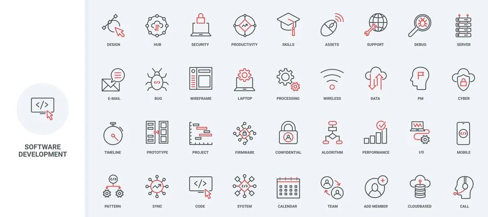 Development of software and digital system, algorithm productivity line icon set 스톡 일러스트