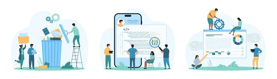 Development of software and mobile app, online coding and cleaning memory by Stock Illustration