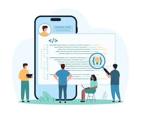 Development of software and mobile applications online, coding analysis by tiny Stock Illustration